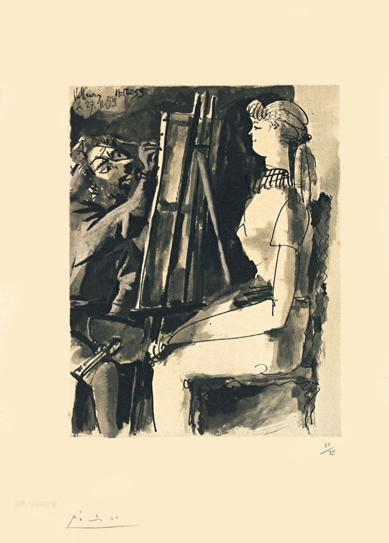 Auf diesem Bild ist das folgende Kunstwerk zu sehen: Nach Pablo Picasso. „Peintre et Modèle“. 1954.