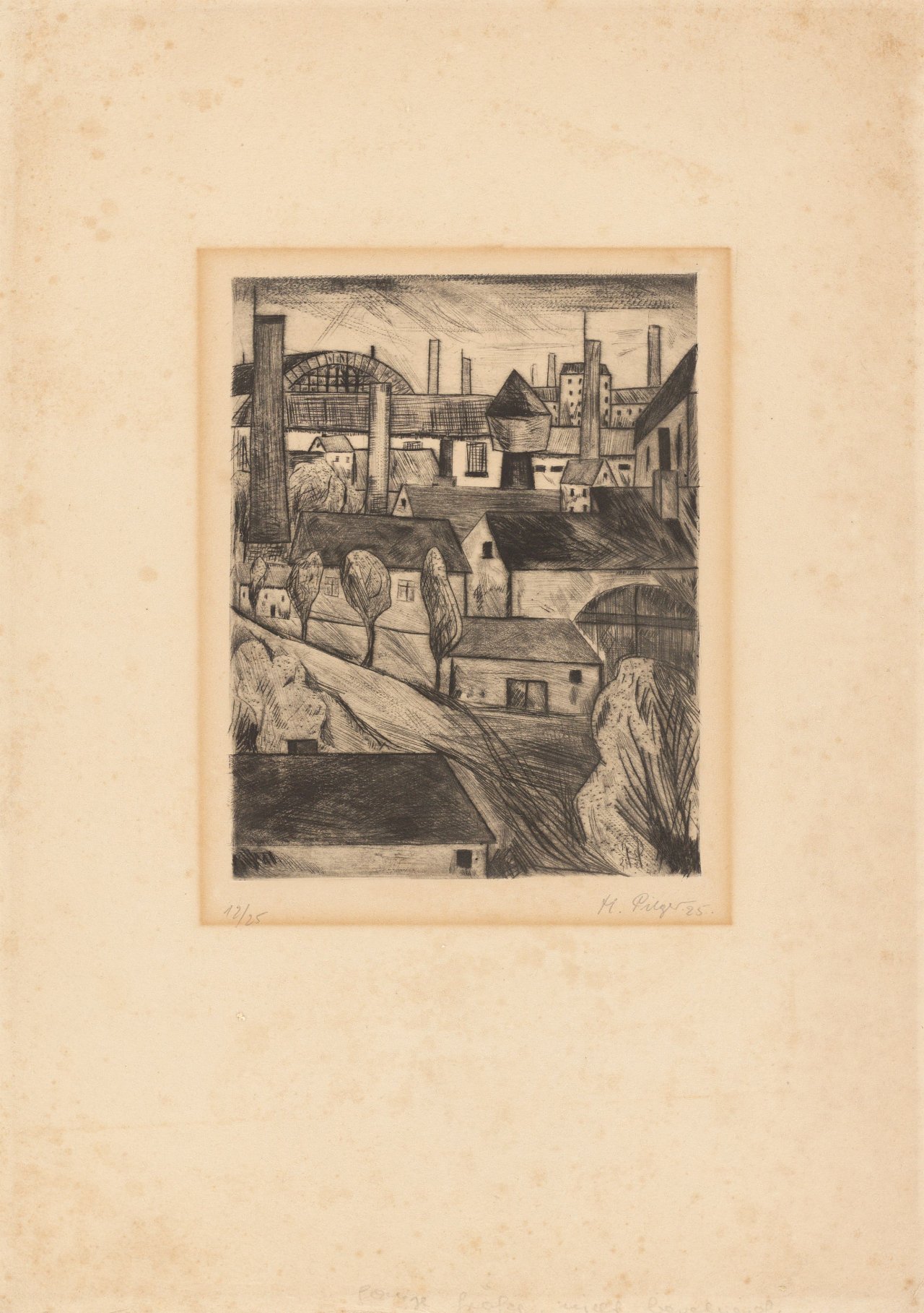 Auf diesem Bild ist das folgende Kunstwerk zu sehen:  Konvolut. Ohne Titel (Stadtbild) (Heinrich Pilger) / Selbstporträt (Peter Josef Paffenholz) / Weihnachtskarte 1928 (Hein Minkenberg). 1928 / 1925 / Um 1949.