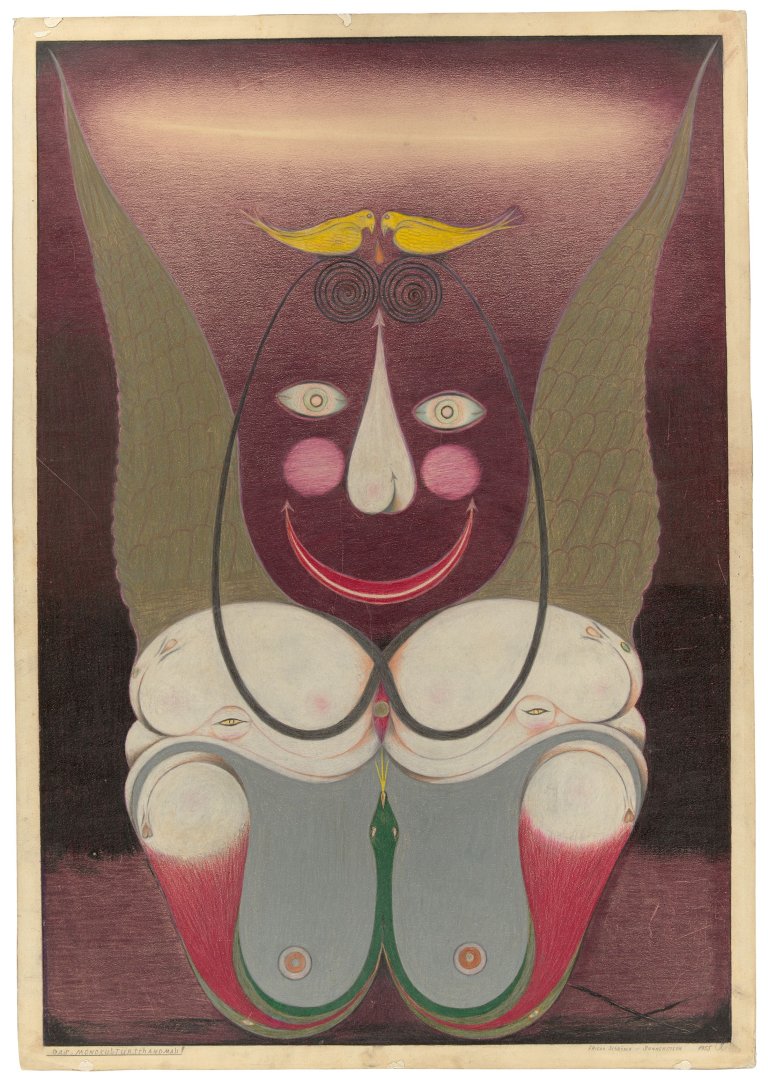 Auf diesem Bild ist das folgende Kunstwerk zu sehen: Friedrich Schröder-Sonnenstern. „Das Mondkulturschandmal“. 1955.