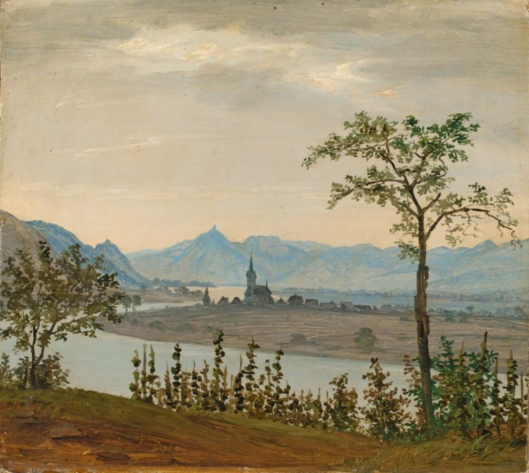 Auf diesem Bild ist das folgende Kunstwerk zu sehen: Johann Carl Baehr. Der Rhein bei Unkel, im Hintergrund die Burgen Rolandseck und Drachenfels.