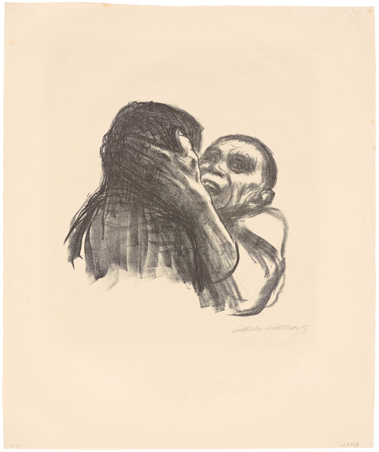 Auf diesem Bild ist das folgende Kunstwerk zu sehen: Käthe Kollwitz. „Tod wird als Freund erkannt“. 1937.