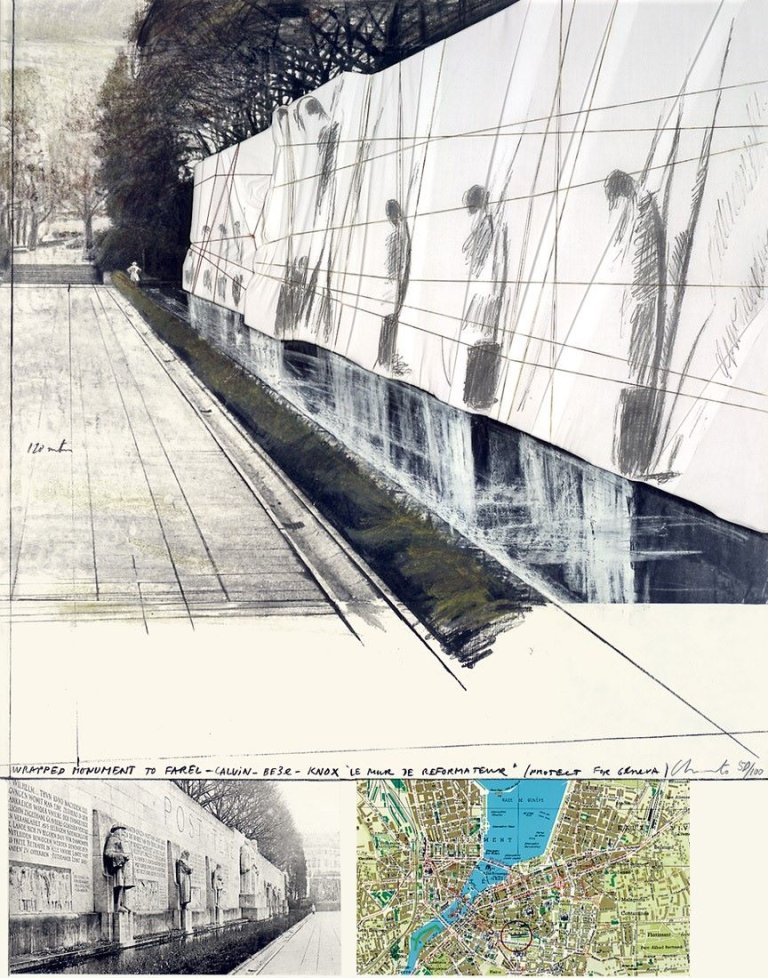 Auf diesem Bild ist das folgende Kunstwerk zu sehen:  Christo. „Wrapped Mur des Réformateurs, Project for Geneva“. 1977.