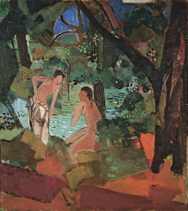 Auf diesem Bild ist das folgende Kunstwerk zu sehen: Oskar Moll. „Bewaldete Landschaft mit Badenden“. 1937.