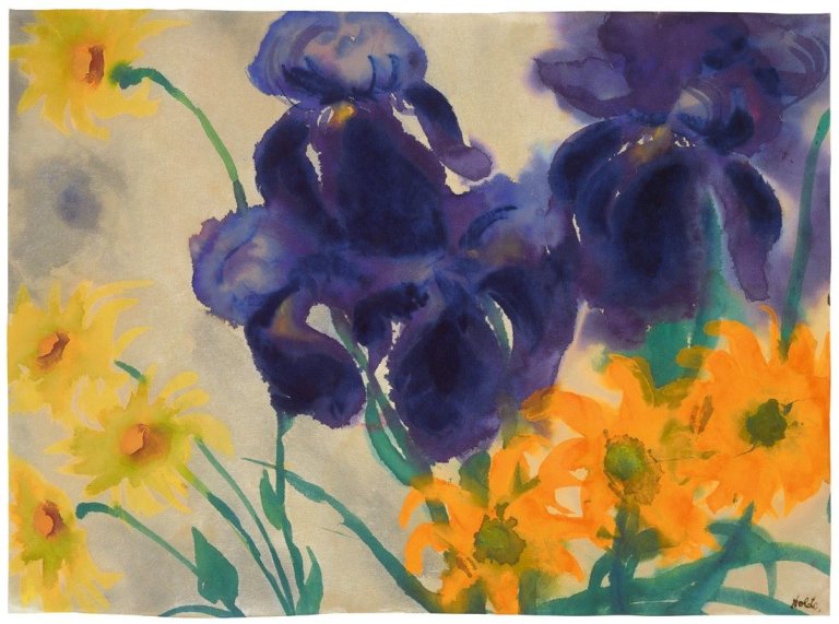 This picture shows the following artwork: Emil Nolde. „Blaue Iris, Feuerlilien, Rudbekia“. Um 1930/35.