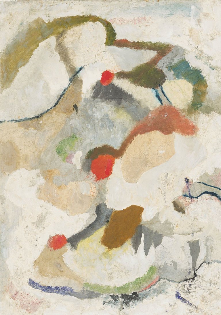 Auf diesem Bild ist das folgende Kunstwerk zu sehen: Carl Buchheister. „Komposition mit drei roten Flecken “. 1953.