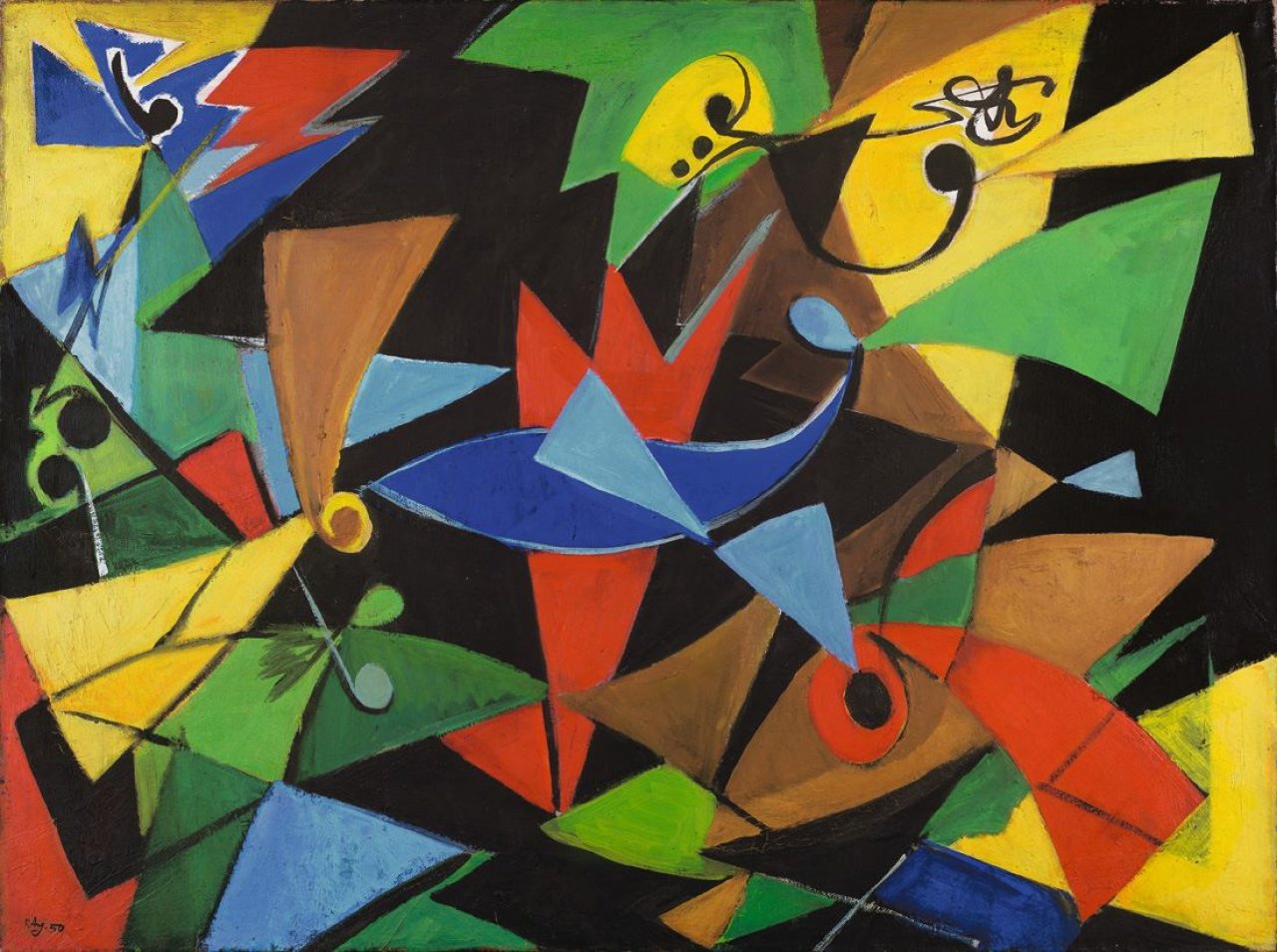 Auf diesem Bild ist das folgende Kunstwerk zu sehen: Ernst Wilhelm Nay. „Mit gelbem Vogel“. 1950.