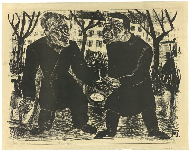 Auf diesem Bild ist das folgende Kunstwerk zu sehen: Conrad Felixmüller. „Genossen (Ein Matrose gewesen)“. 1920.