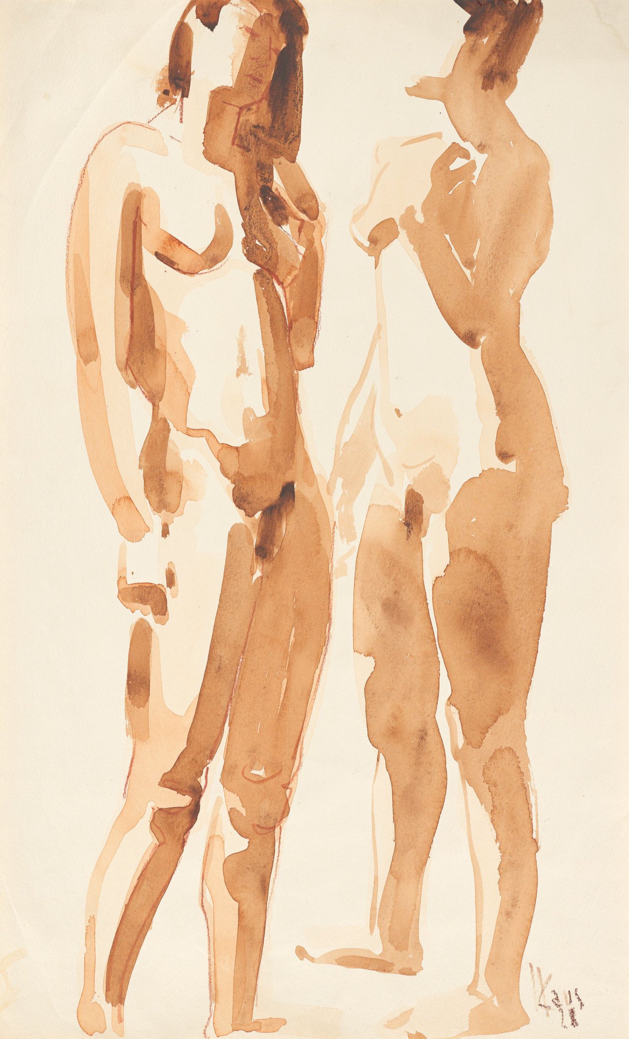 Auf diesem Bild ist das folgende Kunstwerk zu sehen: Max Kaus. Zwei stehende weibliche Akte. Um 1928.