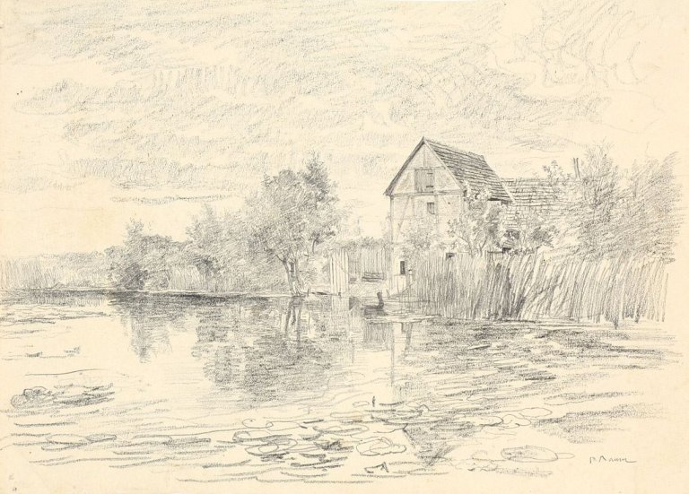 Auf diesem Bild ist das folgende Kunstwerk zu sehen: Paul Baum. „Fachwerkhaus am Weiher“. Um 1883/85.