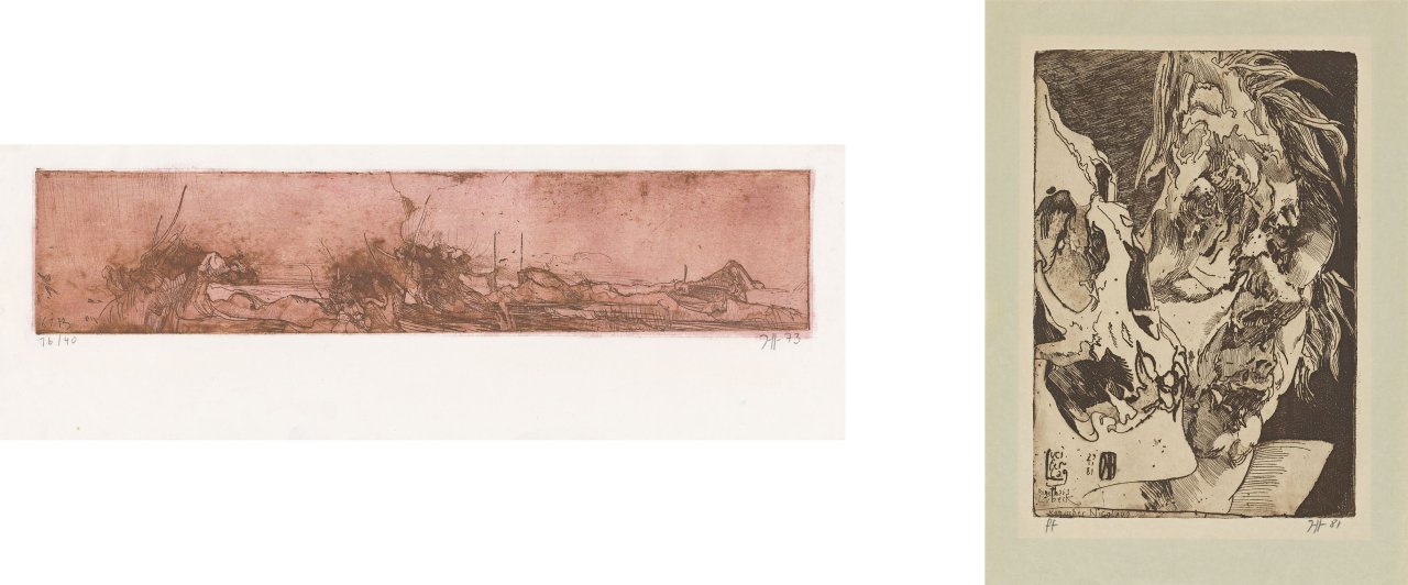 Auf diesem Bild ist das folgende Kunstwerk zu sehen: Horst Janssen. „Landschaft“ / Komischer Nicolaus. 1973 / 1981.