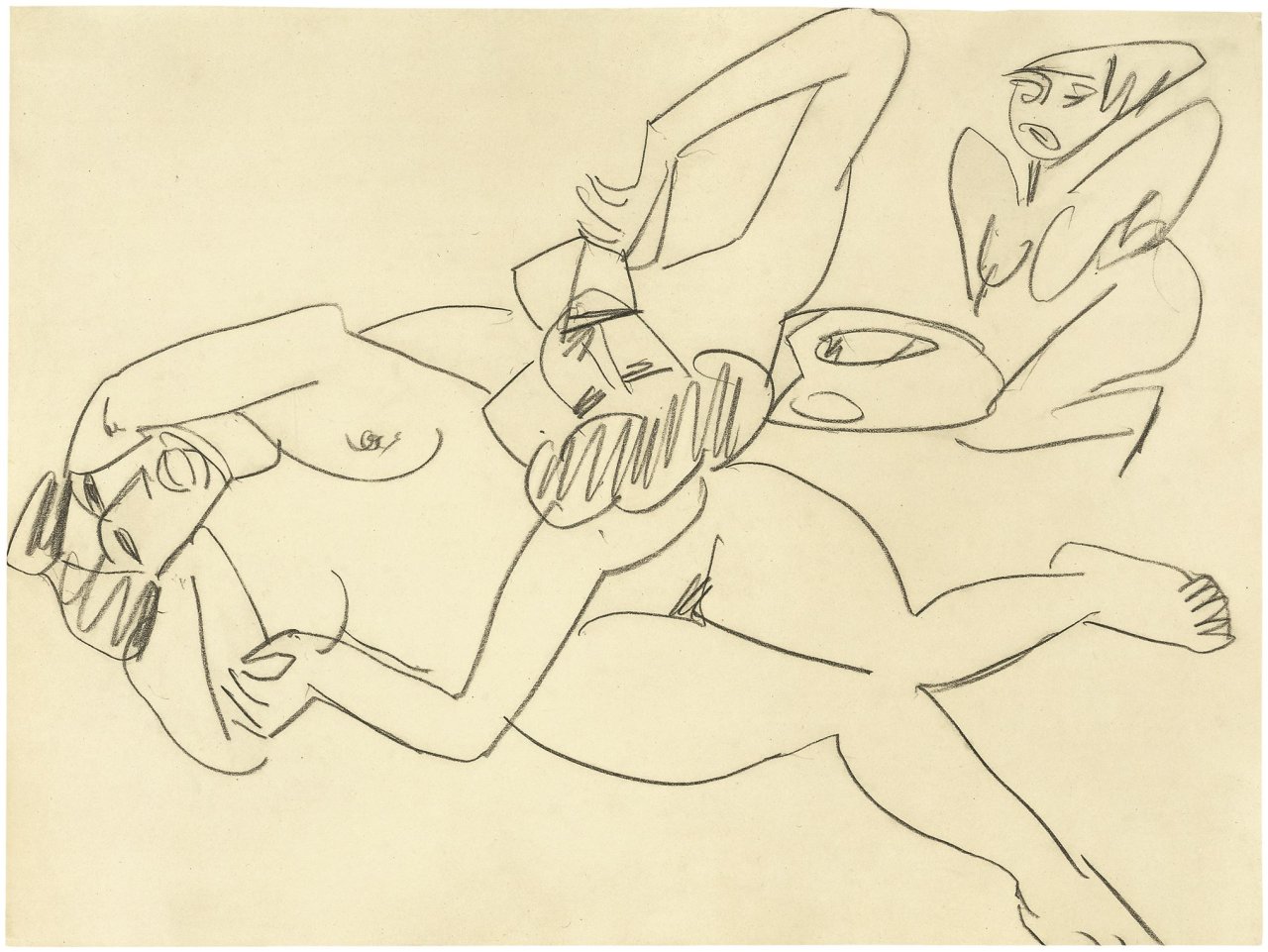 This picture shows the following artwork: Ernst Ludwig Kirchner. Zwei weibliche Akte mit Skulptur. 1910.