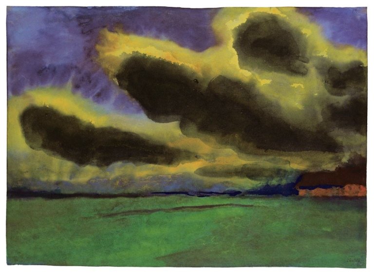 This picture shows the following artwork: Emil Nolde. „Dunkle Wolken über der Marsch mit Bauernhaus“. 1935.