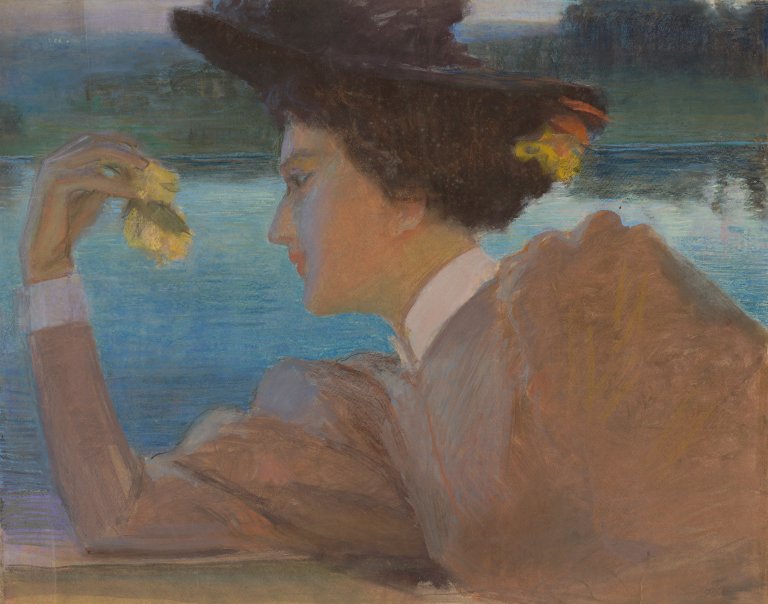 Auf diesem Bild ist das folgende Kunstwerk zu sehen: Max Pietschmann. Frau im Profil nach links mit einer Blume in der Hand. 1896.