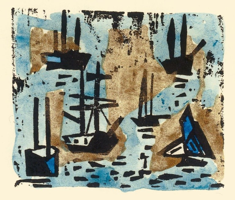 Auf diesem Bild ist das folgende Kunstwerk zu sehen: Lyonel Feininger. „Fünf Boote und eine Boje“. 1933.