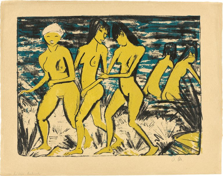 Auf diesem Bild ist das folgende Kunstwerk zu sehen: Otto Mueller. „Fünf gelbe Akte am Wasser“. 1921.