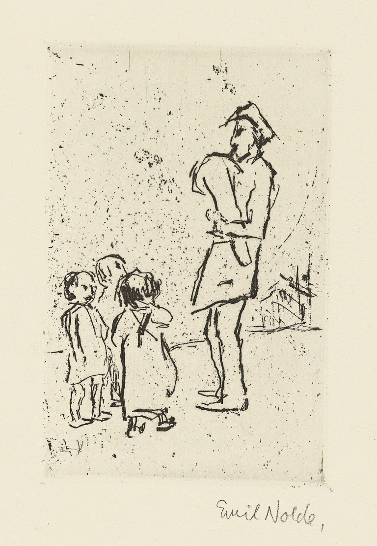 This picture shows the following artwork: Emil Nolde. ”Kinder und Straßenmusikant”. 1909.