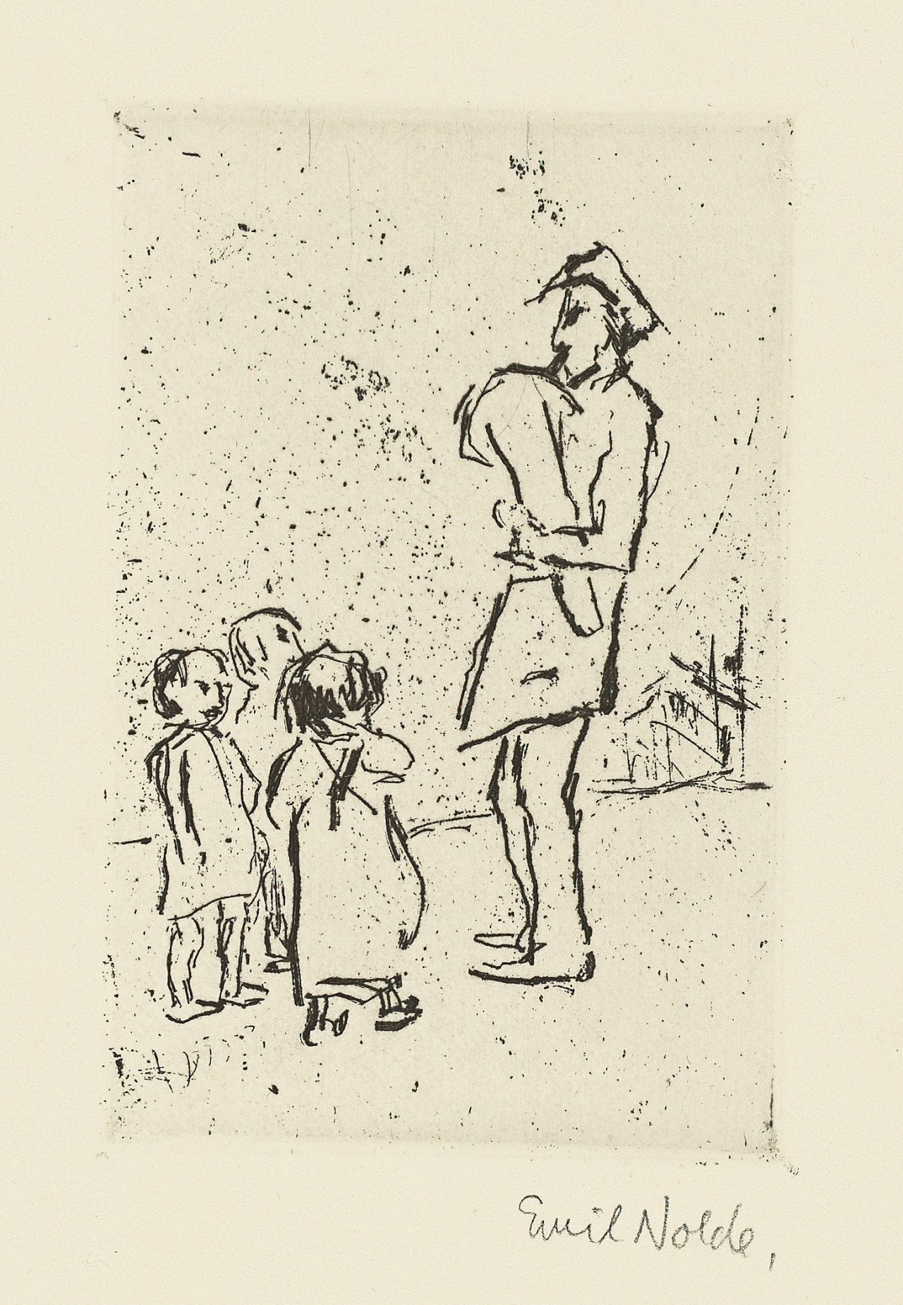 This picture shows the following artwork: Emil Nolde. ”Kinder und Straßenmusikant”. 1909.