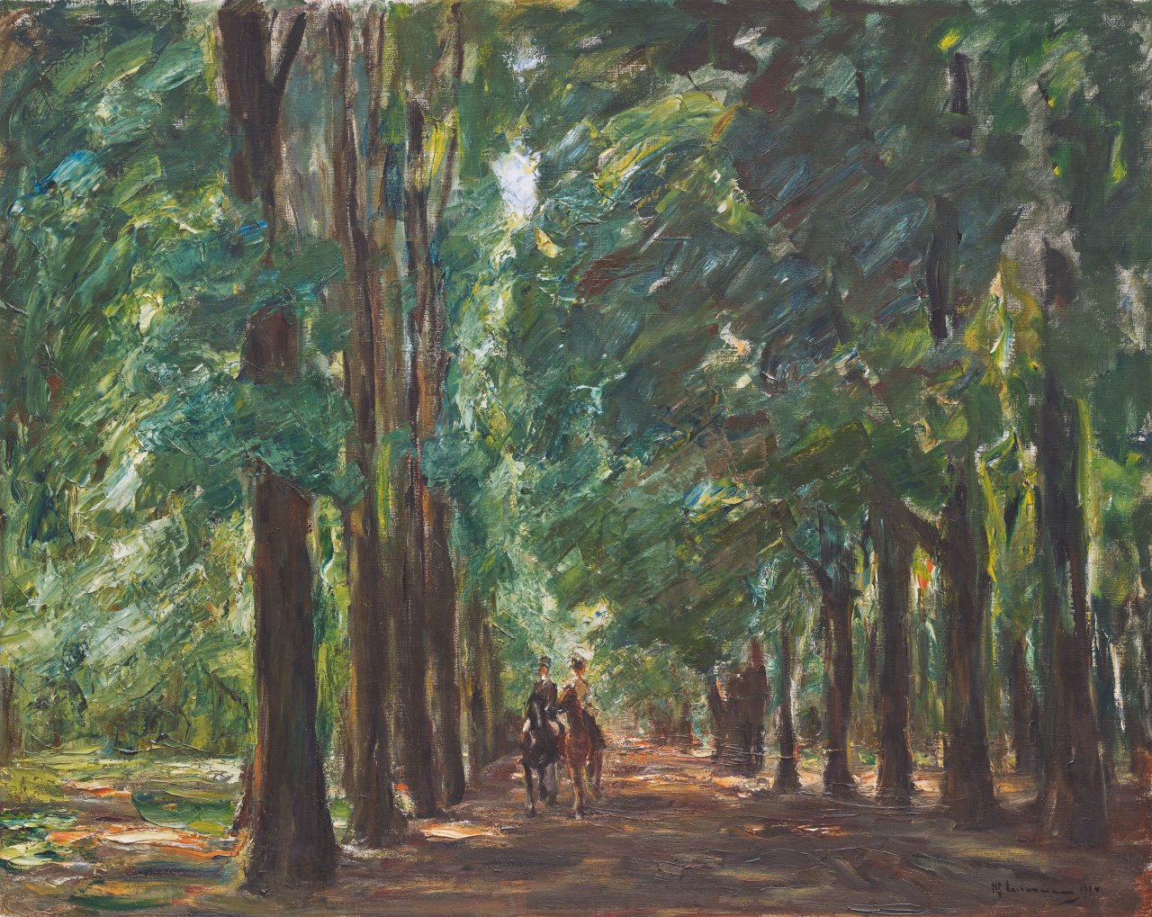 Auf diesem Bild ist das folgende Kunstwerk zu sehen: Max Liebermann. „Reiter in der Allee bei Sakrow“. 1924.