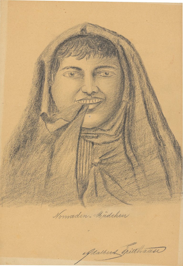 Auf diesem Bild ist das folgende Kunstwerk zu sehen: Adalbert Trillhaase. „Nomaden-Mädchen“ / Frau und Mann mit Kamel.