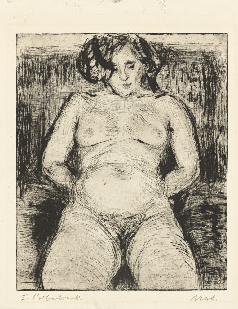 Auf diesem Bild ist das folgende Kunstwerk zu sehen: Rolf Nesch. „Seated female nude“. Wohl 1928.