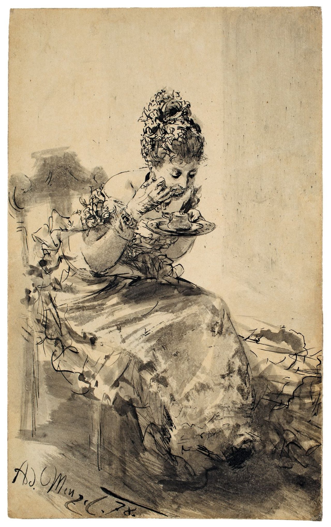 Auf diesem Bild ist das folgende Kunstwerk zu sehen: Adolph Menzel. „Auf einem Stuhl sitzende Dame im Ballkleid, aus einem Suppentässchen löffelnd“. 1878.