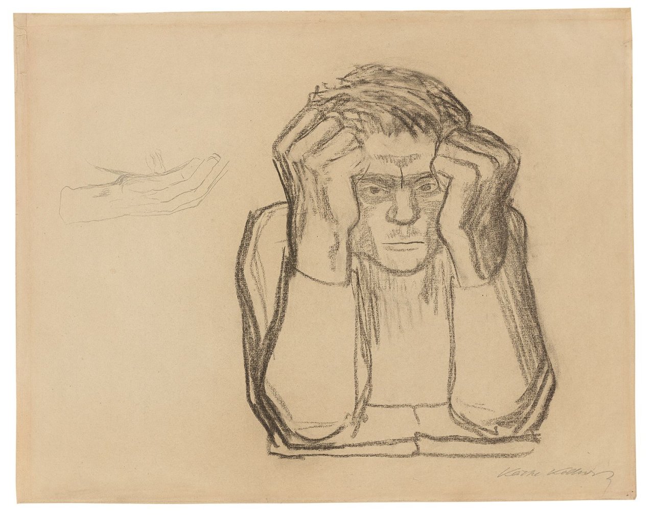 Auf diesem Bild ist das folgende Kunstwerk zu sehen: Käthe Kollwitz. „Der Lesende“. 1917.