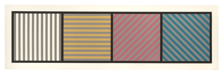 Auf diesem Bild ist das folgende Kunstwerk zu sehen: Sol LeWitt. „Bands of Lines One Inch Wide in Four Directions & Four Colors“. 1985.