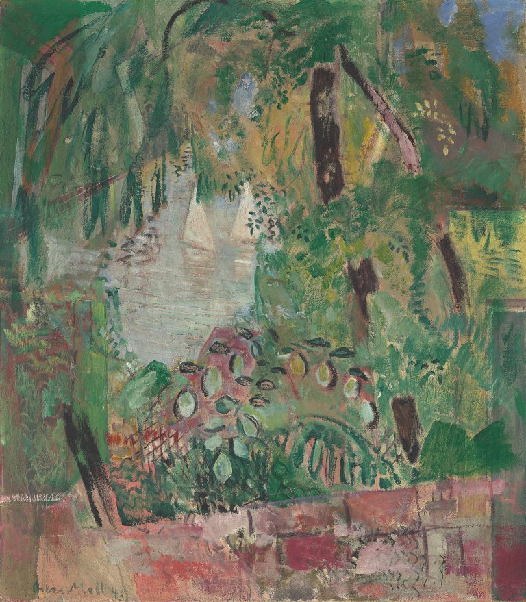 Auf diesem Bild ist das folgende Kunstwerk zu sehen: Oskar Moll. „Blick auf See, mit Blättern und zwei weißen Segelbooten“. 1943.