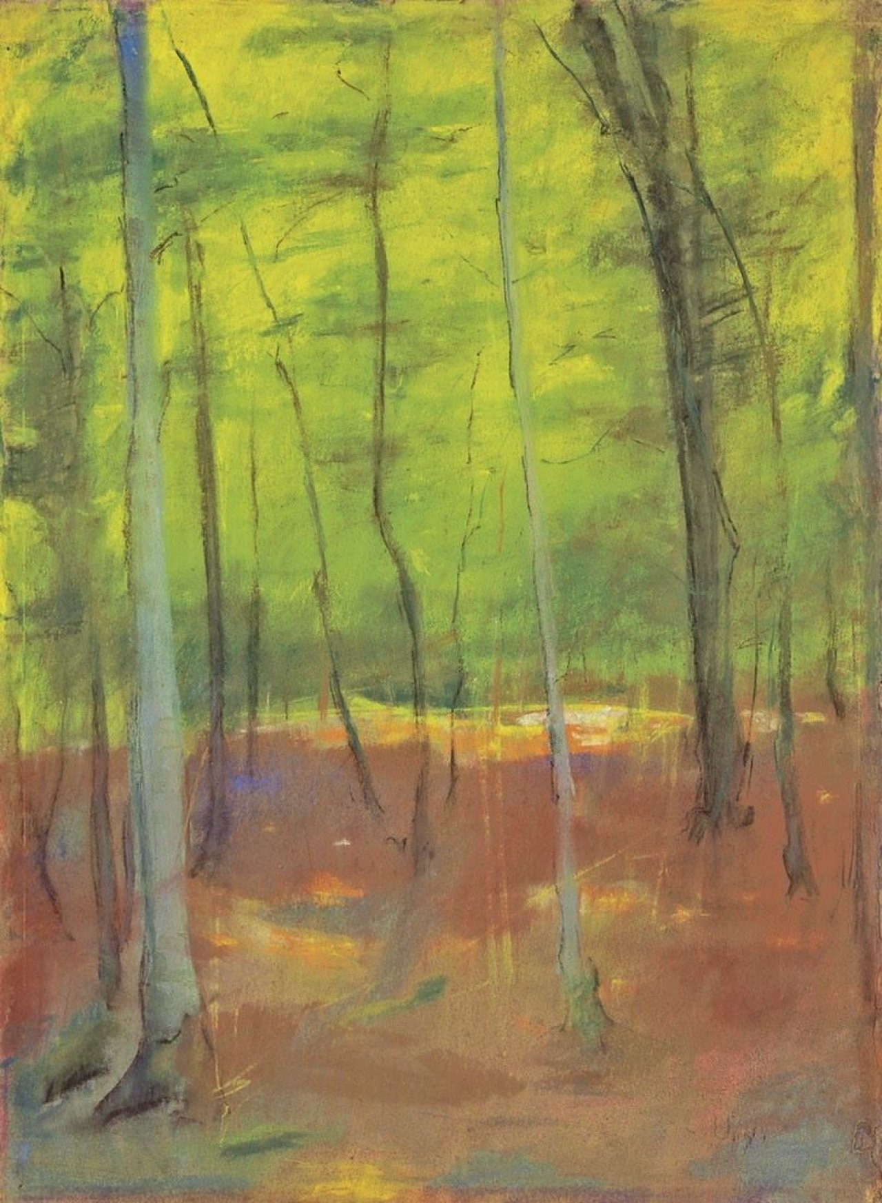 Auf diesem Bild ist das folgende Kunstwerk zu sehen: Lesser Ury. „Sonne im Buchenwald“.