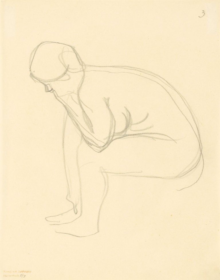 Auf diesem Bild ist das folgende Kunstwerk zu sehen: Alexej von Jawlensky. „Sitzender Akt im Profil, nach vorne gebeugt“. Um 1910.