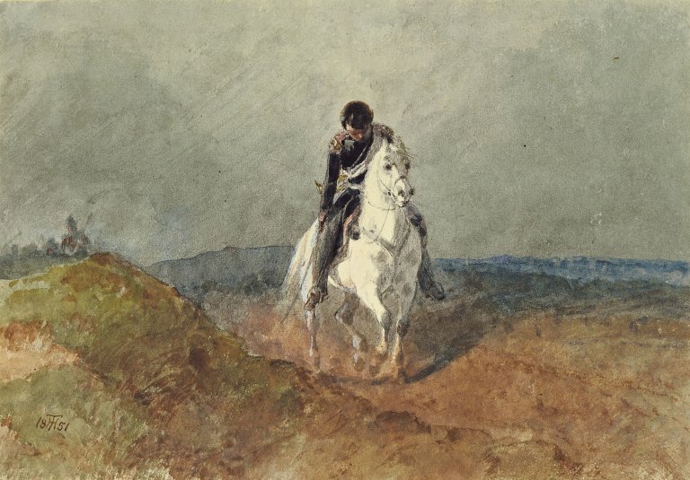 Auf diesem Bild ist das folgende Kunstwerk zu sehen: Theodor Hosemann. Reiter auf Schimmel. 1851.