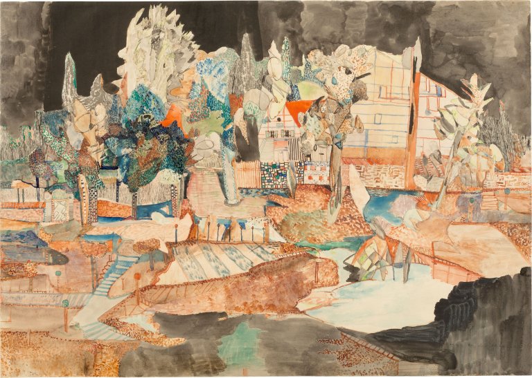 Auf diesem Bild ist das folgende Kunstwerk zu sehen: Gerhard Altenbourg. „Garten an der Spinnbahn“. 1951.