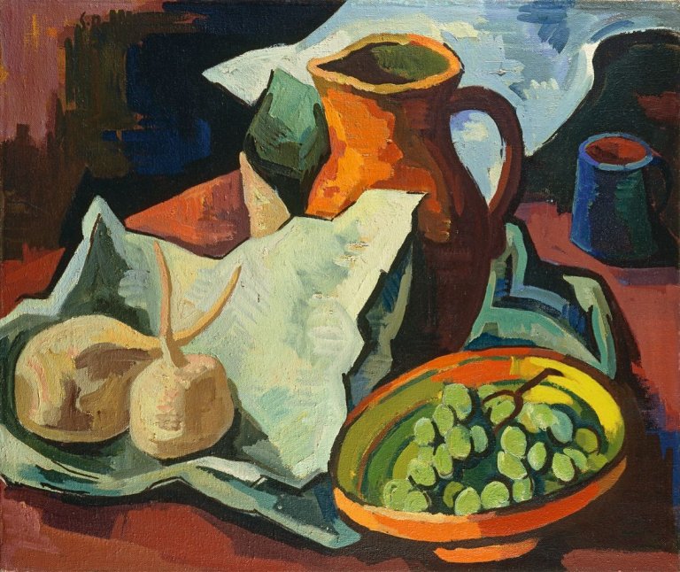 Auf diesem Bild ist das folgende Kunstwerk zu sehen: Karl Schmidt-Rottluff. „Stilleben mit Rettichen“. 1929.