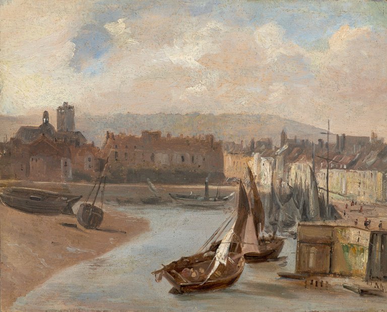 Auf diesem Bild ist das folgende Kunstwerk zu sehen:  Französisch, um 1860/80. Hafenstadt bei Ebbe (Nordfrankreich?).