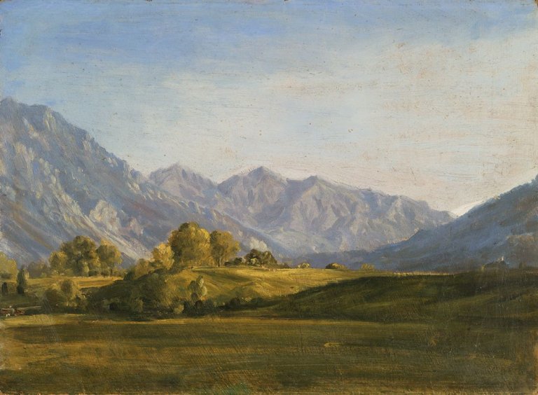 Auf diesem Bild ist das folgende Kunstwerk zu sehen: Johann Georg von Dillis. „Bayerische Voralpenlandschaft“. Um 1830.