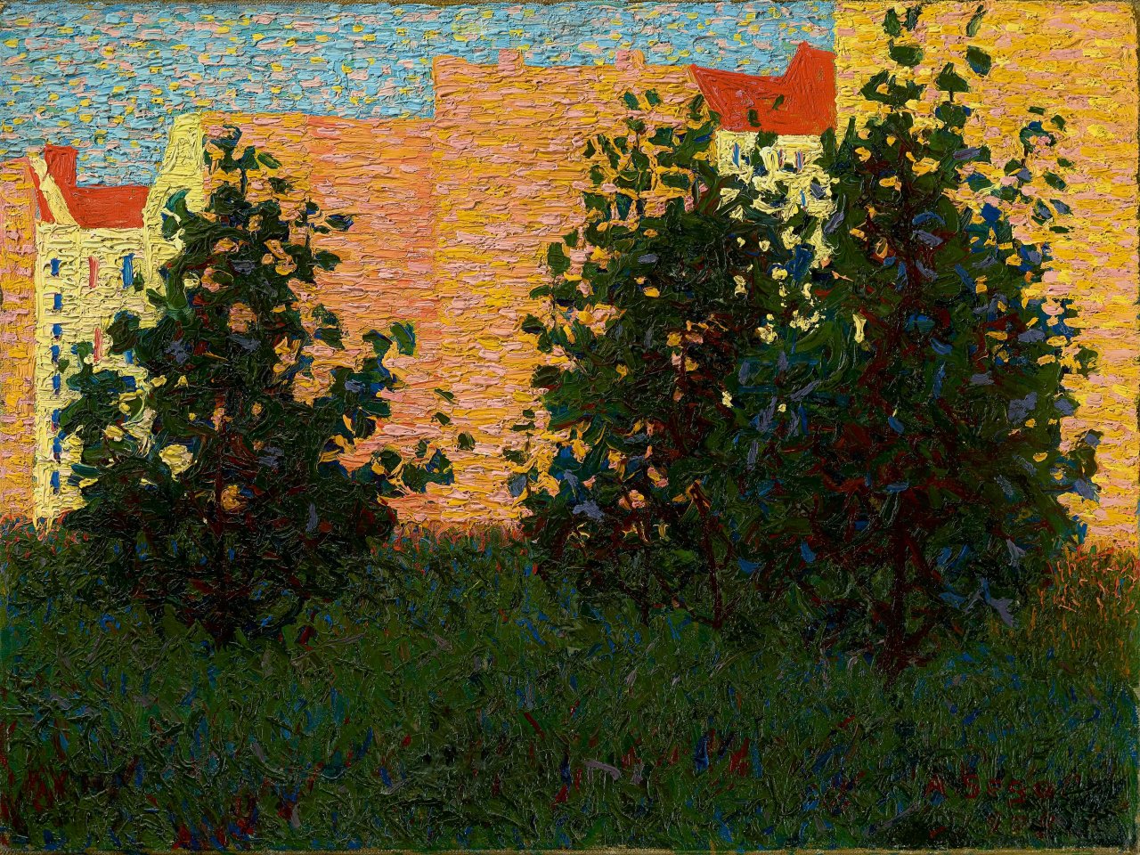 Auf diesem Bild ist das folgende Kunstwerk zu sehen: Arthur Segal. „Hinterhof (Hausfassaden hinter Bäumen)“ (Berlin). 1908.