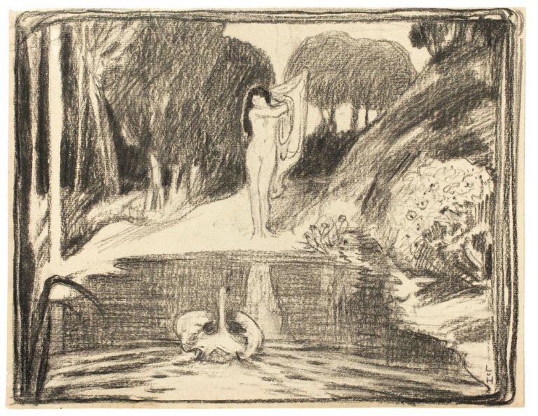 Auf diesem Bild ist das folgende Kunstwerk zu sehen: Ludwig von Hofmann. Leda (Schwanenweiher). Um 1896.