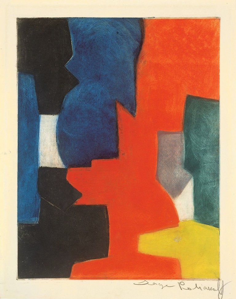 Auf diesem Bild ist das folgende Kunstwerk zu sehen: Serge Poliakoff. „Komposition in Blau, Rot, Grün und Schwarz“. 1958.