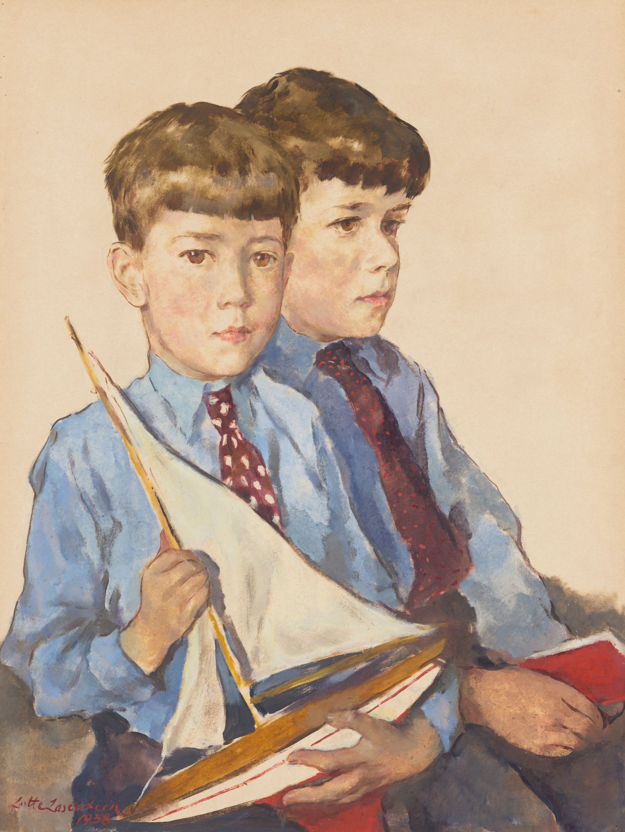 Auf diesem Bild ist das folgende Kunstwerk zu sehen: Lotte Laserstein. „Zwei Jungen mit Segelboot“. 1938.