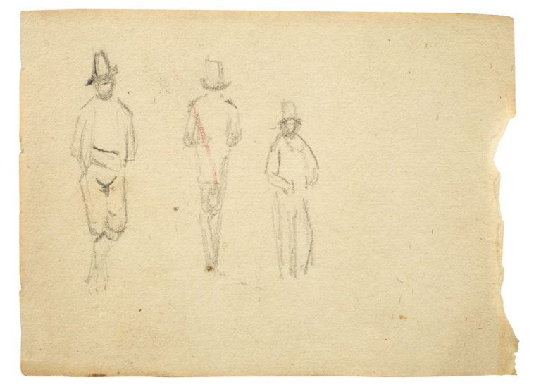 Auf diesem Bild ist das folgende Kunstwerk zu sehen: Carl Blechen. Männer mit Hut (aus einem Skizzenbuch).