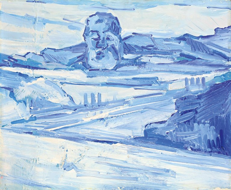 Auf diesem Bild ist das folgende Kunstwerk zu sehen: Lambert Maria Wintersberger. Blaue Landschaft mit Gesicht. 1971.