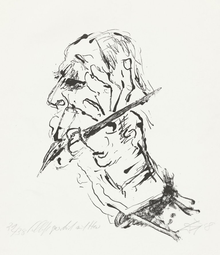 Auf diesem Bild ist das folgende Kunstwerk zu sehen: Otto Dix. „Selbstportrait mit Hand“. 1968.