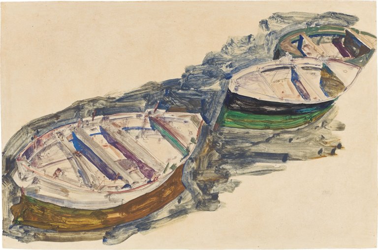Auf diesem Bild ist das folgende Kunstwerk zu sehen: Egon Schiele. „Three Rowboats (Drei Ruderboote)“. 1912.