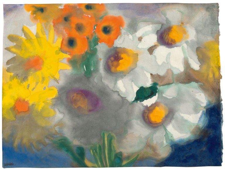 This picture shows the following artwork: Emil Nolde. Dahlien, Sonnenhut und Margeriten.