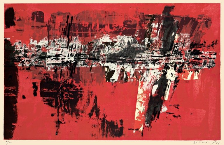 Auf diesem Bild ist das folgende Kunstwerk zu sehen: Karl Fred Dahmen. „Rot-horizontal“ / „Dunkle Landschaft“. 1957.