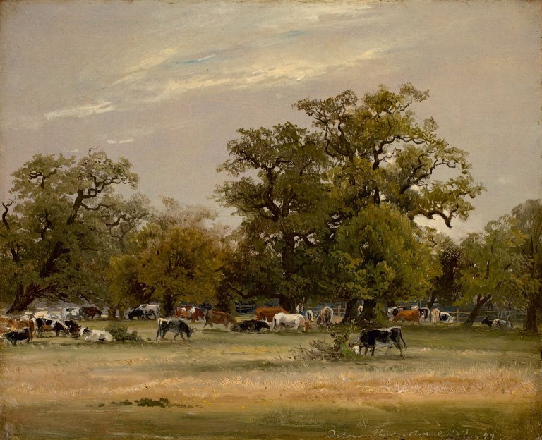 Auf diesem Bild ist das folgende Kunstwerk zu sehen: Christian Friedrich Gille. Kühe im Dessauer Tiergarten. 1849.