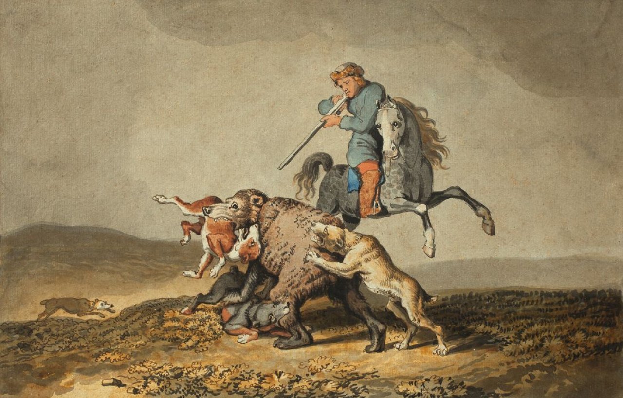 Auf diesem Bild ist das folgende Kunstwerk zu sehen: Johann Heinrich Wilhelm Tischbein. Jagdszene („Kopie nach Paulus Potter“). Um 1800.
