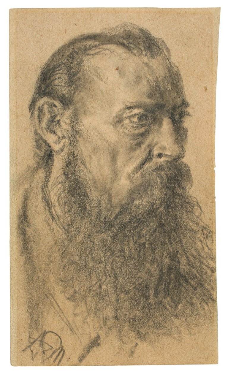Auf diesem Bild ist das folgende Kunstwerk zu sehen: Adolph Menzel. Kopf eines bärtigen Mannes. Ende der 1890er Jahre.