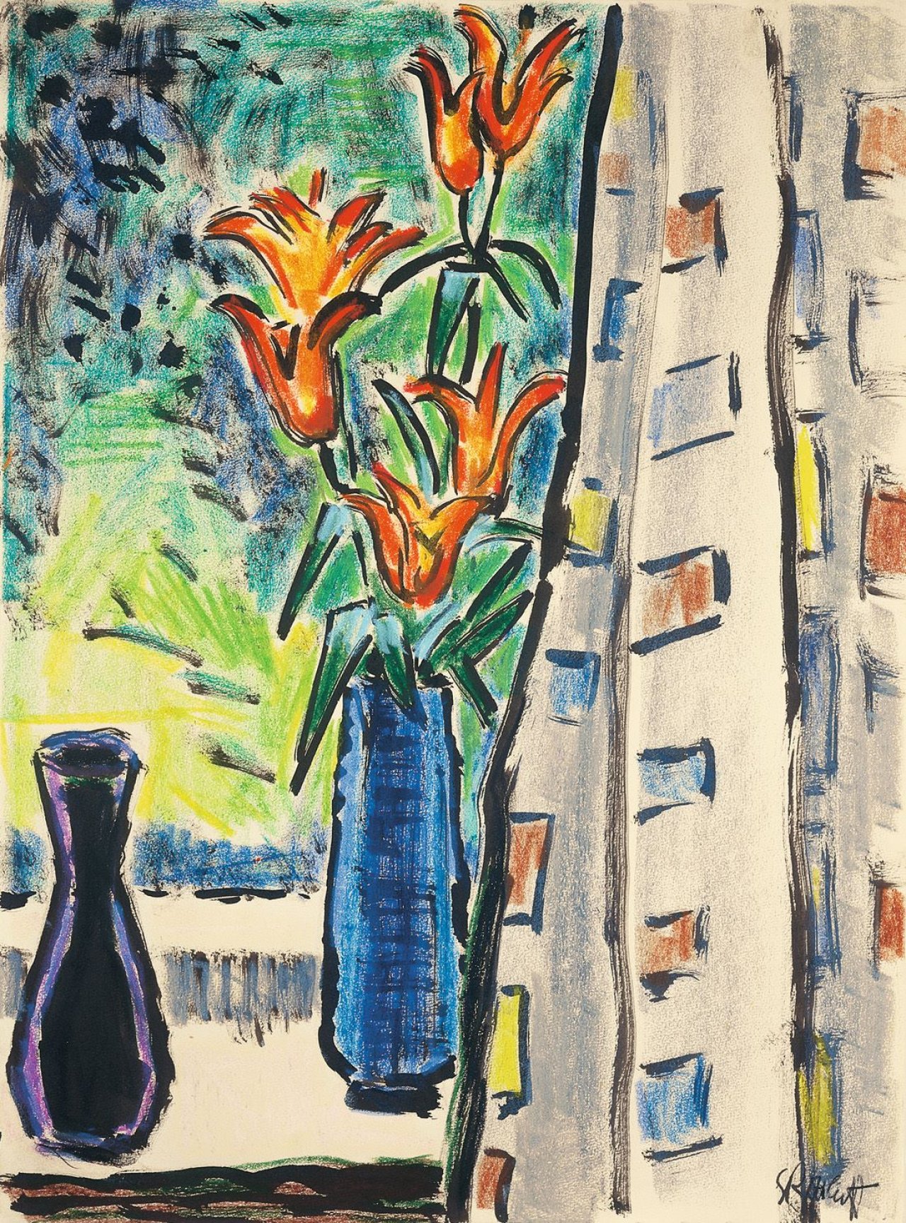 Auf diesem Bild ist das folgende Kunstwerk zu sehen: Karl Schmidt-Rottluff. Tulpen in blauer Vase. 1966.