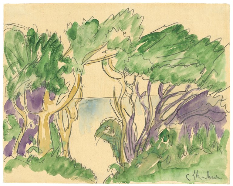 Auf diesem Bild ist das folgende Kunstwerk zu sehen: Ernst Ludwig Kirchner. Bäume an der Fehmarnküste. 1913.